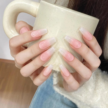 Qfdian 10pcsReusable False Nails Handmade Wearable Presses on Nails Tips Cream Pink Nude Gradient Removable Women Fake Nails